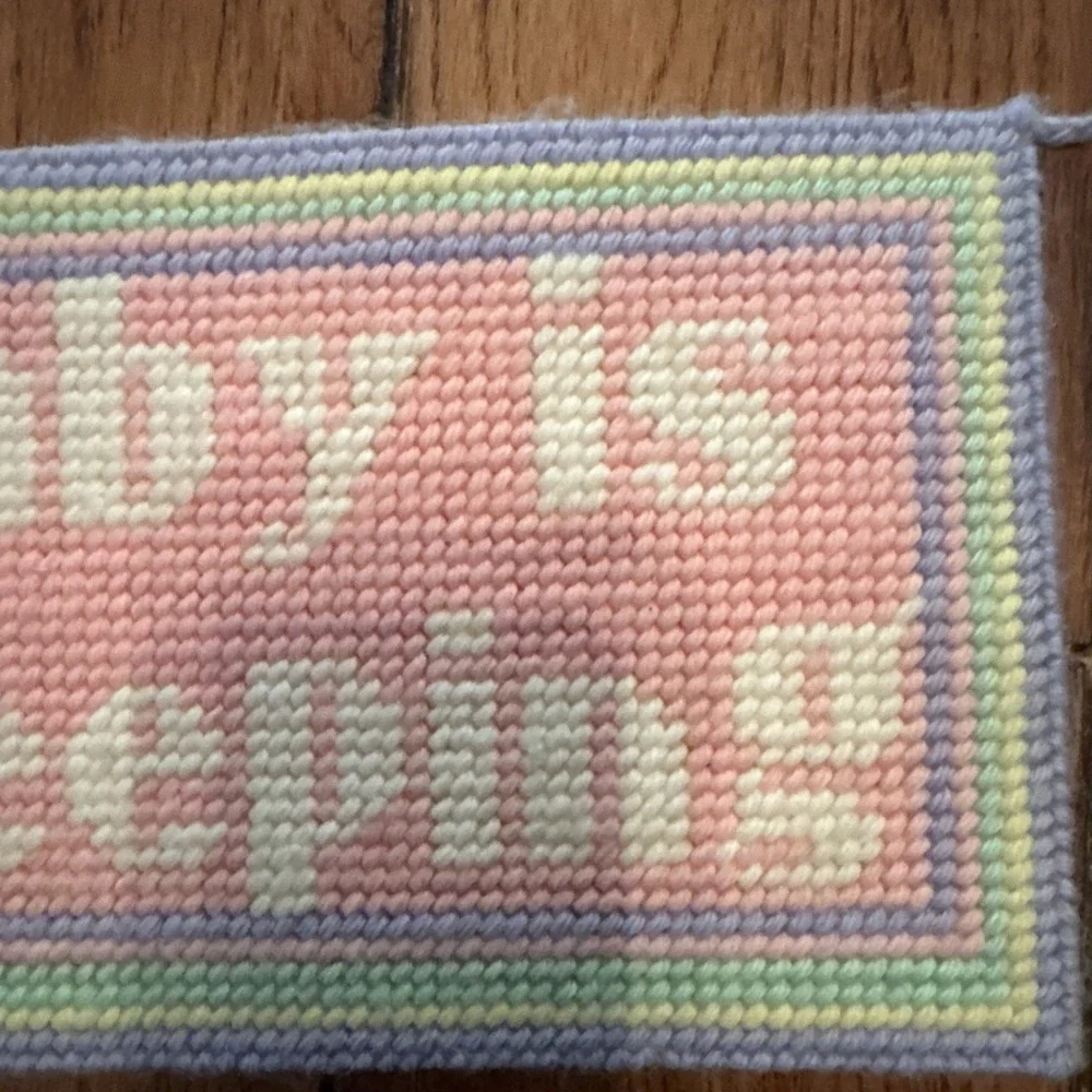 Vintage Needlepoint Handmade Baby Is Sleeping Hanging Sign 70s Nursery Decor